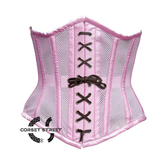 Baby Pink Mesh Satin Stripes Burlesque Front Brown Lace Waist Training Underbust Corset